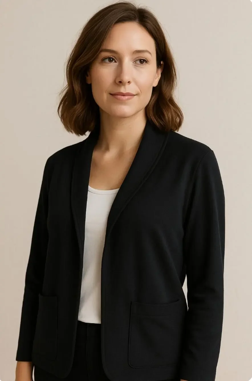 Eileen Fisher 100% Wool Black Open Front Blazer Jacket Coat XS Classic Minimal